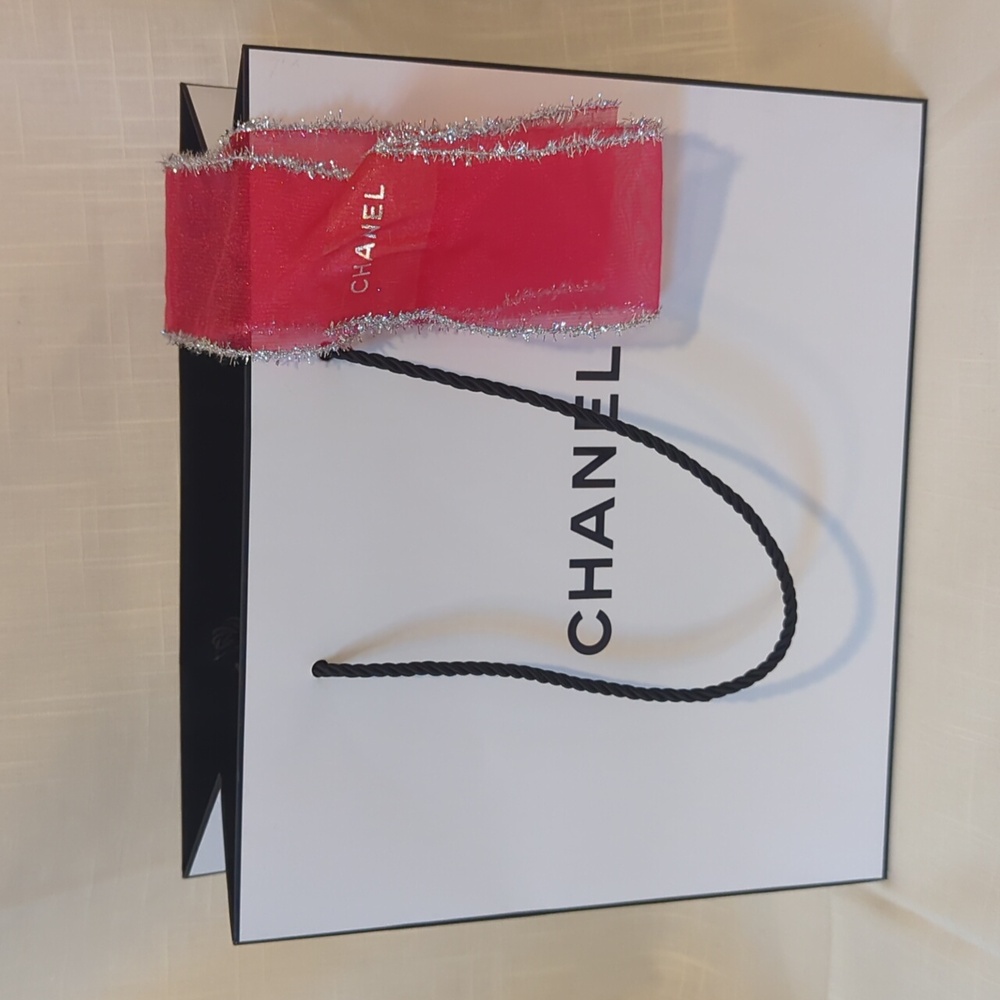 Authentic Chanel White Gift Bag with Red & Silver Ribbon